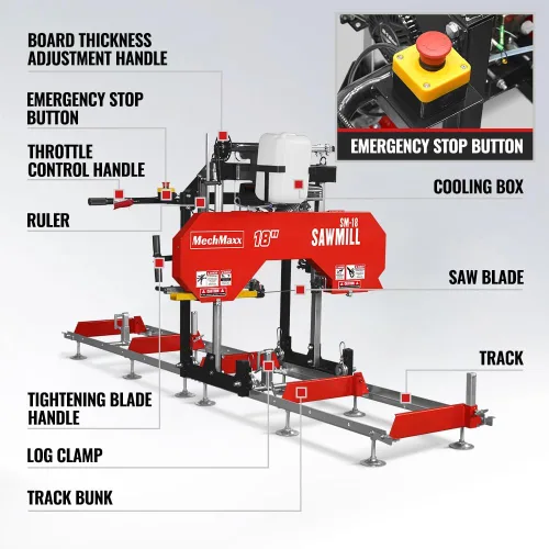 Vista 2 de MechMaxx Aserradero portátil de 18'', motor de gasolina DUCAR 212cc 7HP, ancho de tablero de 15'' y grosor de tablero de 7'', longitud de pista