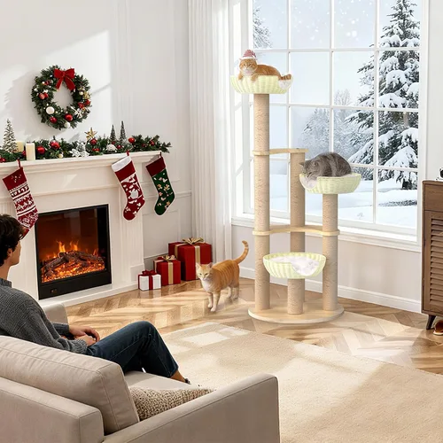 Vista 9 de Tinnmao Torre de árbol de madera maciza para gatos grandes, árbol de madera para gatos de 53 pulgadas con poste rascador cubierto de sisal natural
