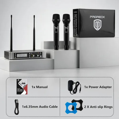 Vista 7 de PRORECK UK-2000 UHF Sistema de micrófono inalámbrico de 2 canales con dos micrófonos de mano, rango de frecuencia seleccionable 560, perfecto