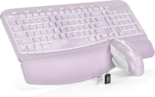 Vista 12 de SABLUTE Combo de teclado y mouse inalámbrico ergonómico, MA12Pro Wave teclado con reposamuñecas de cuero para escribir cómodamente, retroiluminación