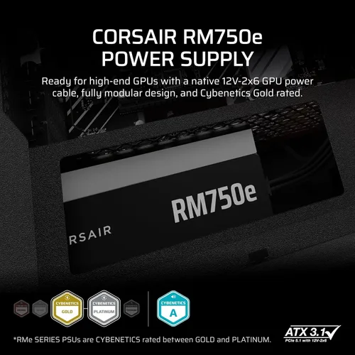 Vista 2 de CORSAIR RM750e ATX 3.1 PCIe 5.1 Ready 750W Power Supply – Black Negro