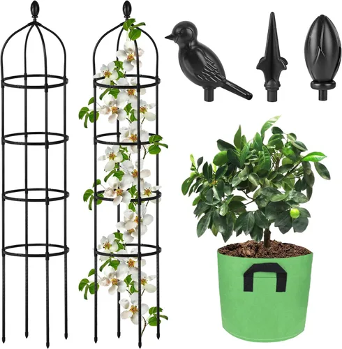 Vista 11 de Enrejado de obelisco de jardín para plantas trepadoras al aire libre, 6 pies, rosal, enrejado redondo para macetas, enrejado de flores de metal a