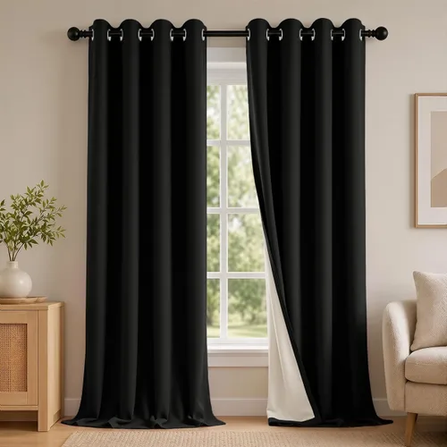 Vista 91 de 2 paneles de cortinas 100% opacas, de peso medio, con aislamiento térmico y ojales para dormitorio, sala de estar, tratamiento de ventana