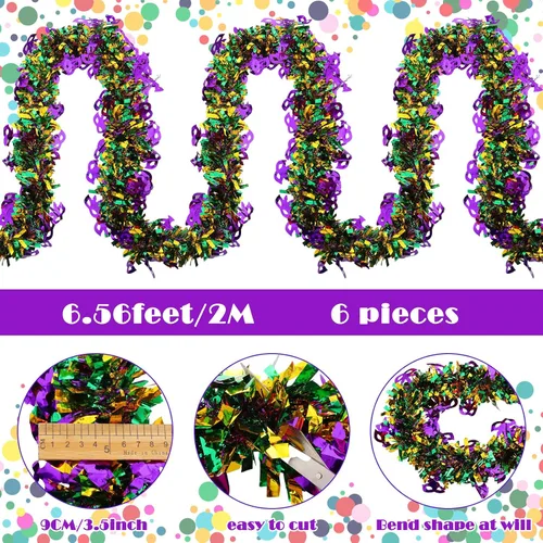 Vista 2 de Yinder Guirnalda de oropel de Mardi Gras de 39 pies con purpurina, verde, morado, dorado, guirnalda colgante metálica, guirnalda metálica