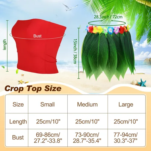 Vista 2 de Yahenda Disfraz hawaiano de 6 piezas para mujer, falda hula de hoja con top corto, collar de flores y trajes de Leis para fiesta de verano Luau