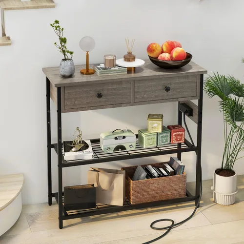 Vista 2 de GIANTEX - Mesa consola industrial con tomacorrientes, mesa de entrada estrecha de 3 niveles Long Sofa Table w/ USB Ports, 2 Storage Drawers, Entry
