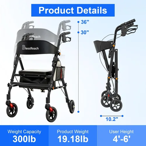 Vista 3 de BlessReach Andadores plegables ligeros con asiento para personas mayores, capacidad de 300 libras, altura ajustable de 5 posiciones, andador híbrido