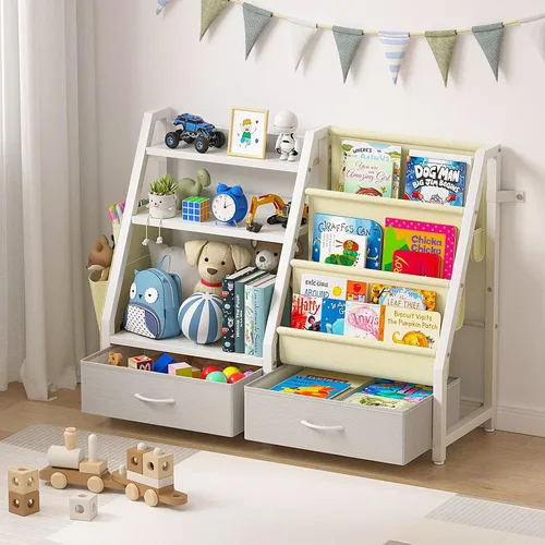 Vista 8 de Estantería para niños y organizador de juguetes Twinkoo, estante resistente de 3 niveles, estantería con bandeja y 2 contenedores de juguetes