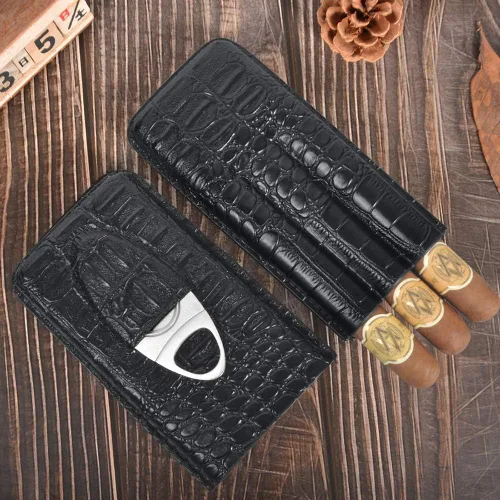 Vista 7 de Funda de cuero para cigarros, humidor de cigarros portátil de 3 dedos, funda para cigarrillos, tubo de cigarros de viaje con cortador de acero