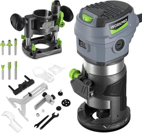 Vista 8 de WORKPRO Kit de enrutador compacto, herramienta de enrutador manual con cable de 6.5 amperios, enrutador de madera de 6 velocidades variables