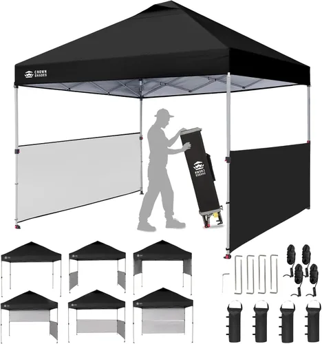 Vista 12 de CROWN SHADES Tienda de campaña con dosel, refugio portátil de 10 x 10 pies para exteriores con 2 medias paredes laterales, 1 cerradura central
