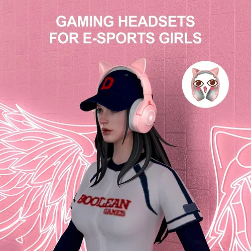 Vista 7 de PHOINIKAS Auriculares inalámbricos para juegos con bonitas orejas de gato con cable para PS5 PS4 PC Nintendo Switch Q9 sobre la oreja con micrófono