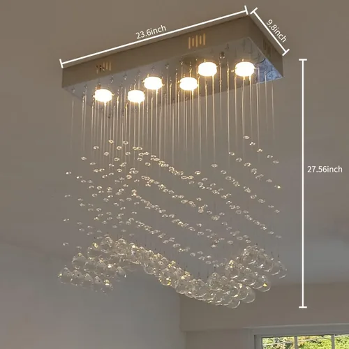 Vista 5 de Araña moderna de onda, araña rectangular de cristal con gotas de lluvia, montaje empotrado, lámpara colgante de techo cromada, ideal para comedor