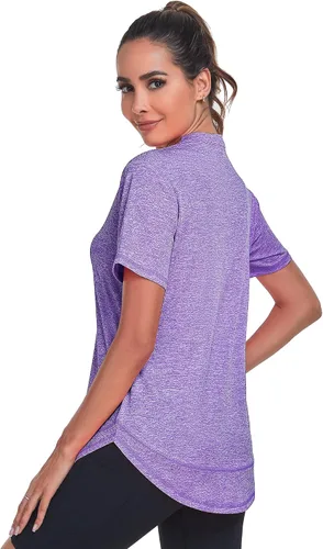 Vista 5 de Absttith Camisetas de entrenamiento de manga corta para mujer, para yoga, senderismo, secado rápido, cuello en V, camiseta deportiva con abertura