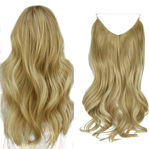 Vista 11 de Extensión de cabello rubio ceniza, rizado, largo, sintético, postizo de cabello rubio, 18 pulgadas, 4.2 oz, con diadema de alambre invisible