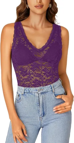 Vista 12 de Rooscier - Blusa sin mangas para mujer, con encaje floral, cuello en V, con volantes, transparente, sin sujetador