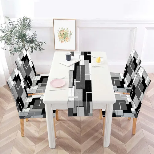 Vista 8 de MCALK Juego de 4 fundas para sillas de color gris abstracto y camino de mesa, fundas elásticas para sillas grises para cocina, protector de silla
