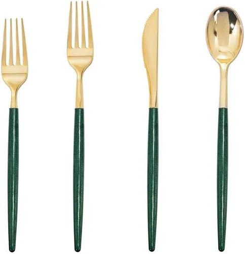Vista 11 de Supernal 102 cubiertos de plástico dorados, cubiertos dorados con mango negro, colección de cubiertos desechables, incluye 34 tenedores de plástico
