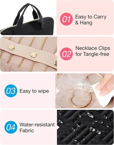 Vista 6 de BAGSMART Estuche organizador de viaje de joyería, bolsa de joyería colgante para viajes con bolsillos, rollo de joyería de gran capacidad