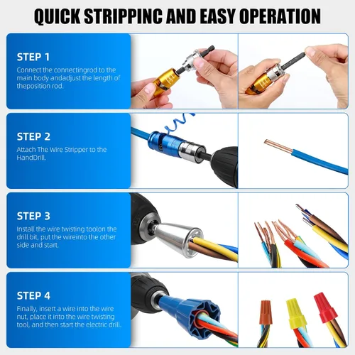 Vista 7 de Herramienta profesional pelacables para taladro, construcción duradera totalmente metálica para cables de 6 a 14 AWG, pelado rápido y fácil