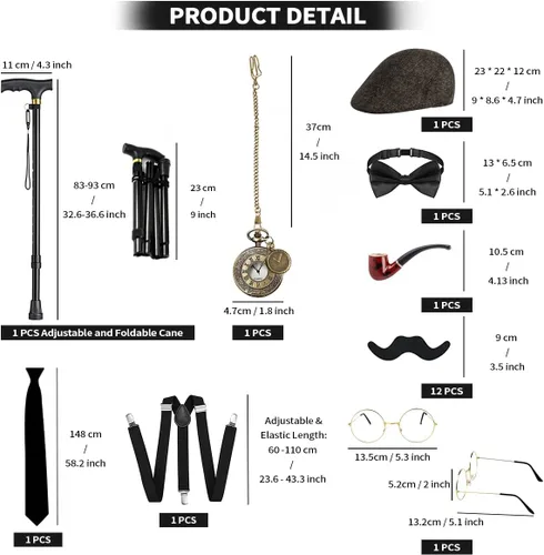 Vista 2 de WILDPARTY Disfraz de los años 20 para hombre, accesorios de disfraz de Gatsby de la mafia para hombres, gorra plana para hombre para fiesta