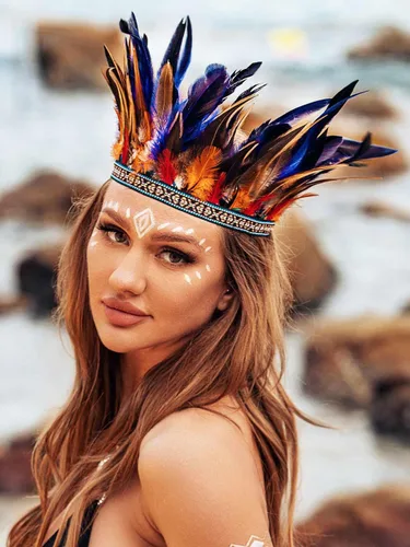 Vista 6 de Tocado de plumas de carnaval, tocado de plumas indias, diadema de corona, disfraz de Halloween, accesorios para el cabello para mujer