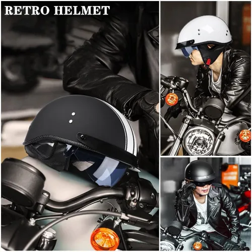 Vista 7 de Casco retro de motocicleta para adultos, hombres y mujeres, aprobado por DOT, estilo alemán, cascos de media cara con gafas desplegables, visera