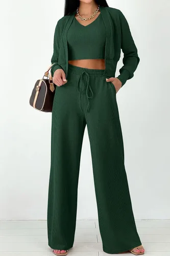 Vista 5 de PRETTYGARDEN Trajes de 3 piezas para mujer, conjuntos a juego, cárdigan de punto acanalado, camisetas sin mangas, pantalones de pierna ancha
