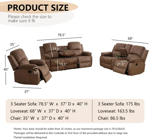 Vista 3 de Juego de sofá seccional reclinable manual, juegos de muebles de sala de estar, sofá seccional en forma de L y 2 sillas, cómodo sofá reclinable