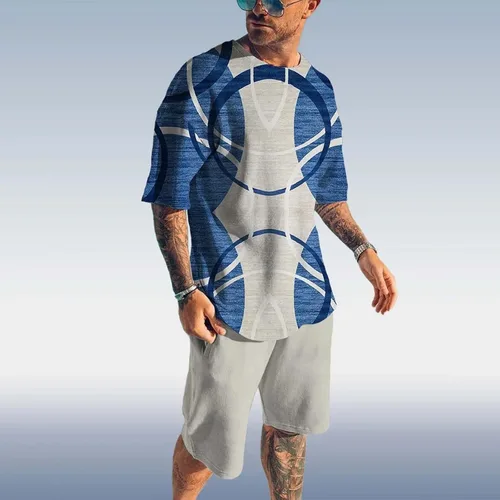 Vista 4 de Conjunto corto de 2 piezas para hombre, camiseta de manga corta y pantalones cortos, conjunto deportivo casual grande y alto