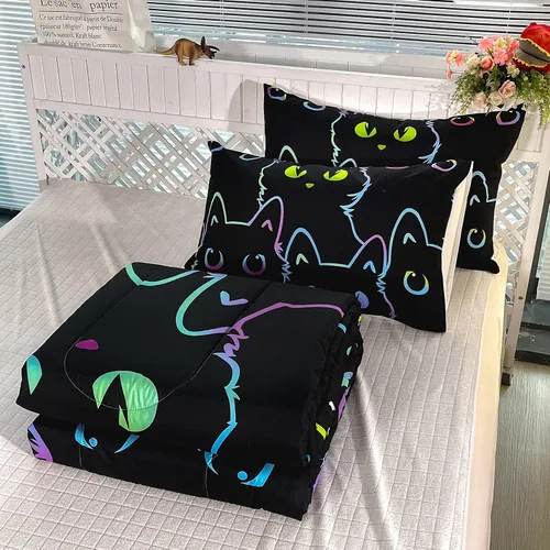 Vista 8 de BailiPromise Juego de edredón Kawaii de 3 piezas tamaño matrimonial, lindo juego de ropa de cama de dibujos animados de gatos, suave, cálido