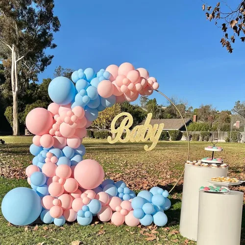Vista 5 de Kit de arco de globos rosa y azul, kit de guirnalda de 100 globos azul claro rosa macarrón para revelación de género, globos de diferentes tamaños