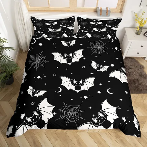 Vista 16 de Juego de ropa de cama de Halloween, funda de edredón gótica de murciélagos negros con telarañas, funda de edredón individual, diseño de arañas