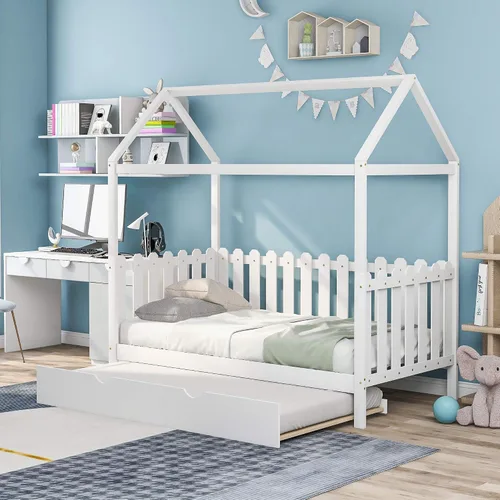 Vista 22 de Cama de madera maciza tamaño individual con techo, nido, 3 cajones de almacenamiento, sofá cama de plataforma para muebles de dormitorio, sala