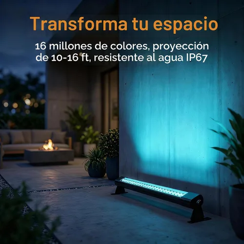 Vista 2 de Luz de pared RGB para exteriores, enchufable, 120 V, 4 pies, IP67, control remoto RF, 1 paquete