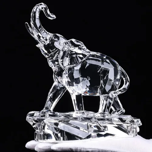Vista 9 de Figuras acrílicas transparentes de elefante con acabado de cristal, estatuas africanas de alta gama para decoración del hogar, elefante con tronco