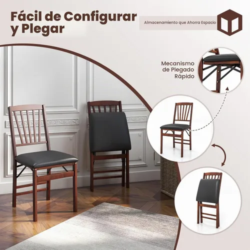 Vista 4 de COSTWAY Juego de 2 sillas de comedor plegables de madera maciza con asiento Marrón y listón