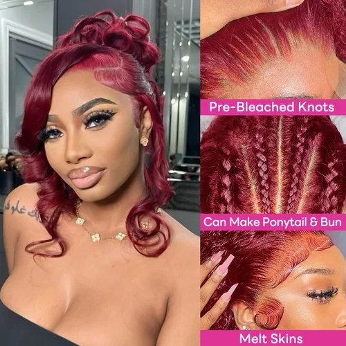 Vista 2 de IUPin Peluca de cabello humano color burdeos 360 con encaje frontal, pelucas de cabello humano 99J ondulado con correa oculta, sin pegamento Peluca