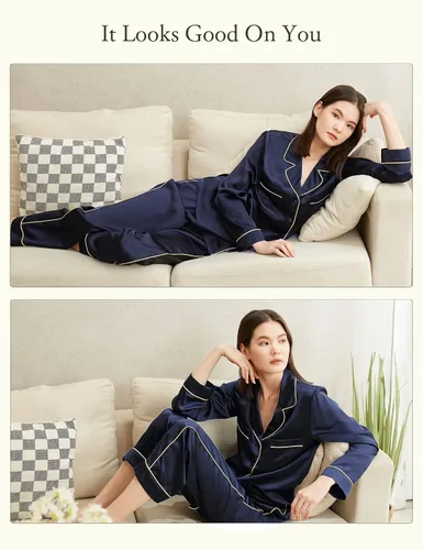 Vista 6 de LILYSILK Pijama de seda para mujer, con ribete dorado, 22 momme, 100% seda, lavable