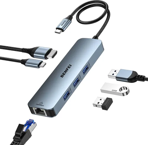 Vista 8 de BENFEI Hub USB C 6 en 1 con HDMI (4K a 60 Hz), 2 USB-A, 1 USB-C Datos, carga de 100 W, Gigabit Ethernet, cable de silicona sin enredos compatible
