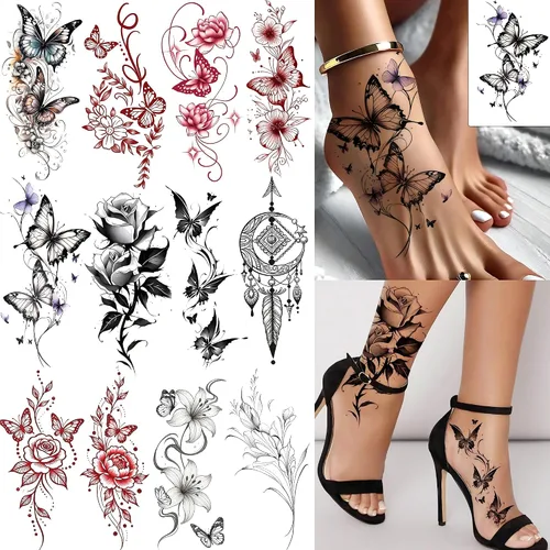 Vista 21 de COKTAK 6 Piezas/Lote Adhesivos Temporales Únicos de Henna Negra para Adultos, Mujeres, Niñas, Pluma, Mandala, Flor, Arte Corporal, Tatuajes Grandes