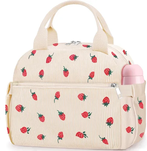 Vista 35 de KUBYA Lonchera de Pana Bolsa de Almuerzo para Mujeres y Hombres, Linda Fresa Pequeña Aislada Reutilizable Trabajo A Prueba de Fugas Simple Loncheras