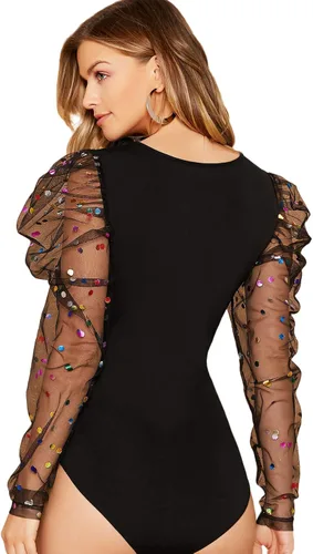 Vista 2 de WDIRARA Women's Polka Dots Sheer Dobby Mesh Square Neck Long Sleeve Skinny Bodysuit