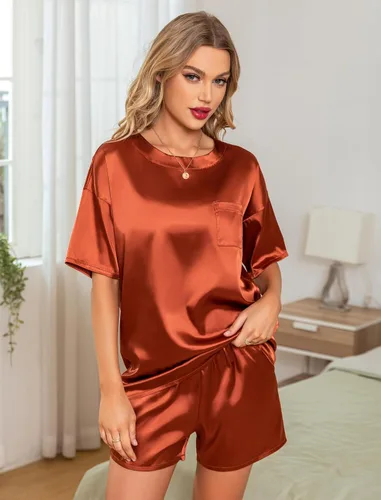 Vista 2 de Leikar Pijama de satén para mujer, conjunto de pijama de seda de manga corta, cómodo conjunto de pijama