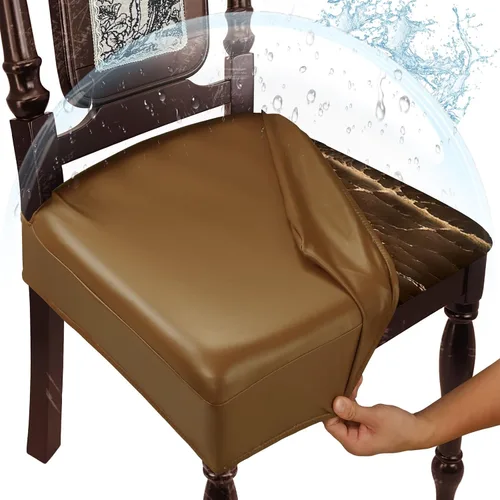 Vista 12 de Juego de 4 fundas de asiento impermeables para sillas de comedor, fundas de asiento de cocina de cuero, resistentes a las manchas, fundas elásticas