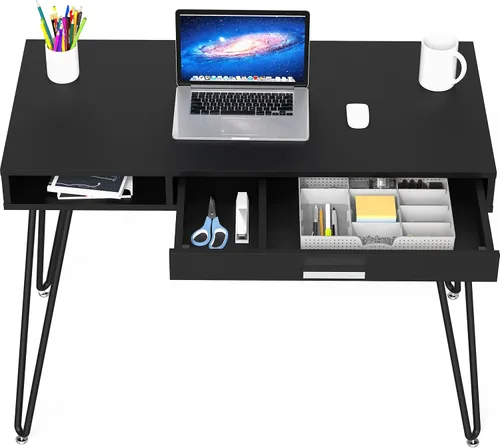Vista 6 de SHW Escritorio de patas con horquilla para computadora de oficina en casa con cajón, color negro
