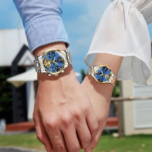 Vista 2 de OLEVS Juego de relojes mecánicos automáticos para parejas, reloj a juego para él y para ella, regalos del día de San Valentín