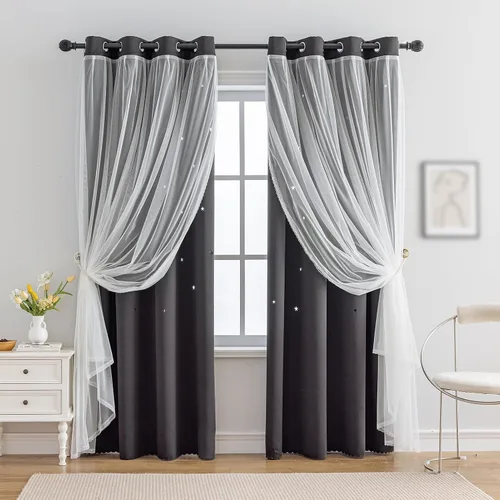 Vista 55 de indistar Cortinas opacas con recortes de estrellas para dormitorio de niña, cortinas de oscurecimiento para habitación de bebé, cortinas