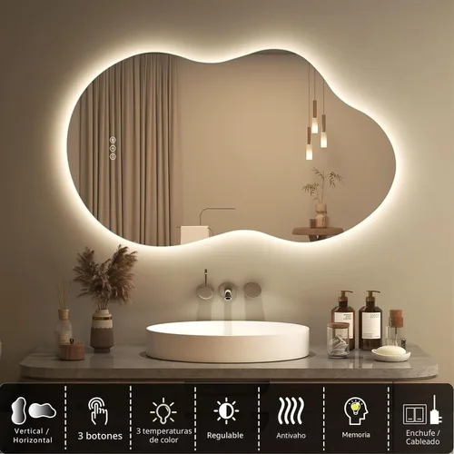 Vista 3 de SMIROR Espejo de Baño Retroiluminado Irregular con Luces 20 x 32, Espejo de Tocador con Luz LED Asimétrica en Forma de Nube para Pared