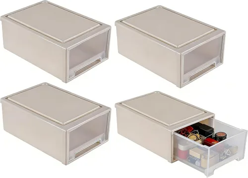 Vista 5 de Xyskin Paquete de 4 cajones apilables compactos de plástico de 12 cuartos de galón, caja apilable de almacenamiento de escritorio Stackable Unit